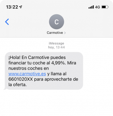 Ejemplo SMS no personalizado enviado por Carmotive sin Walcu CRM