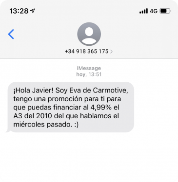 Ejemplo SMS personalizado enviado por Carmotive con Walcu CRM